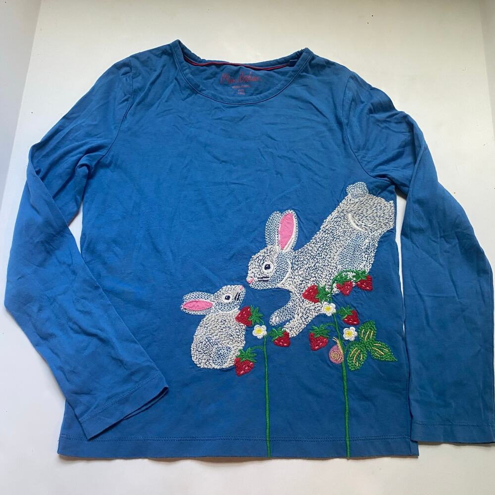 Mini Boden Blue Bunny Rabbit Strawberry SuperStitch Long Sleeve Shirt